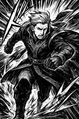 a black and white drawing of a man with a sword
