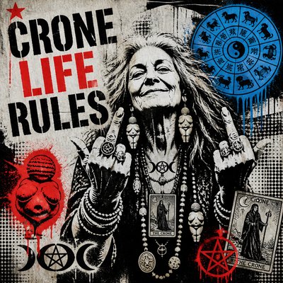 Text: Crone Life Rules

Images: Older woman of undefined race, with silver hair, looking joyful, giving "the bird" with both hands. Have her jewelry reflect prehistoric sculptures of women, Wicca, tarot, and Chinese astrology. 