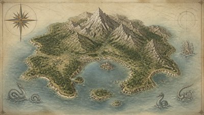 a map of an island realm with mountains, forests, a sheltered bay, sea monsters in the water and a compass rose, no text labels