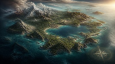 a map of an island realm with mountains, forests, a sheltered bay, sea monsters in the water and a compass rose, no text labels