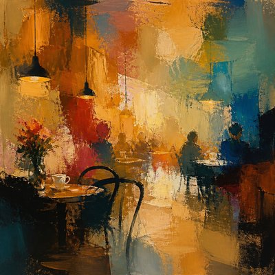cozy cafe interior with warm lighting