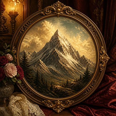 an emblem of a mountain peak inside a circle, simple bold shapes on a plain background, no text or lettering