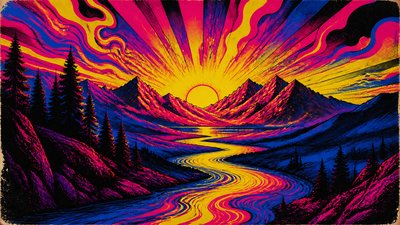 a vast valley with a river winding toward distant mountains at sunrise, no people, no text