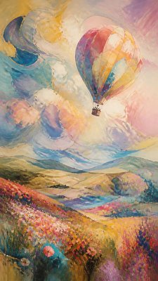 a hot air balloon drifting over rolling flower fields on a sunny day, cheerful, no text