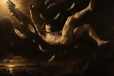 ancient greek Icarus falling to the ground without  clothes and feathers falling