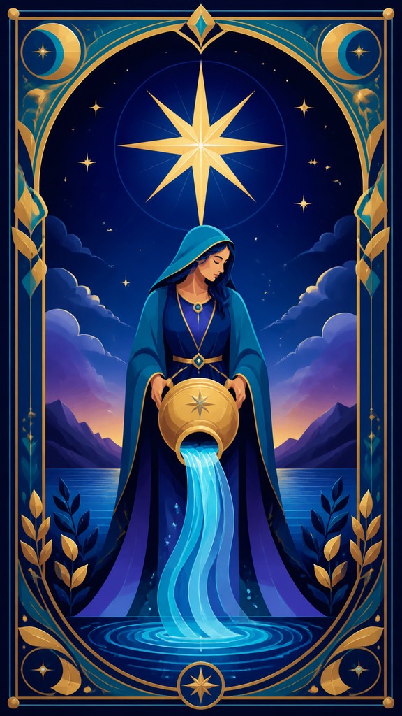 a robed figure pouring water beneath a large eight-pointed star in a night sky, symmetrical composition with an ornate decorative border, no text
