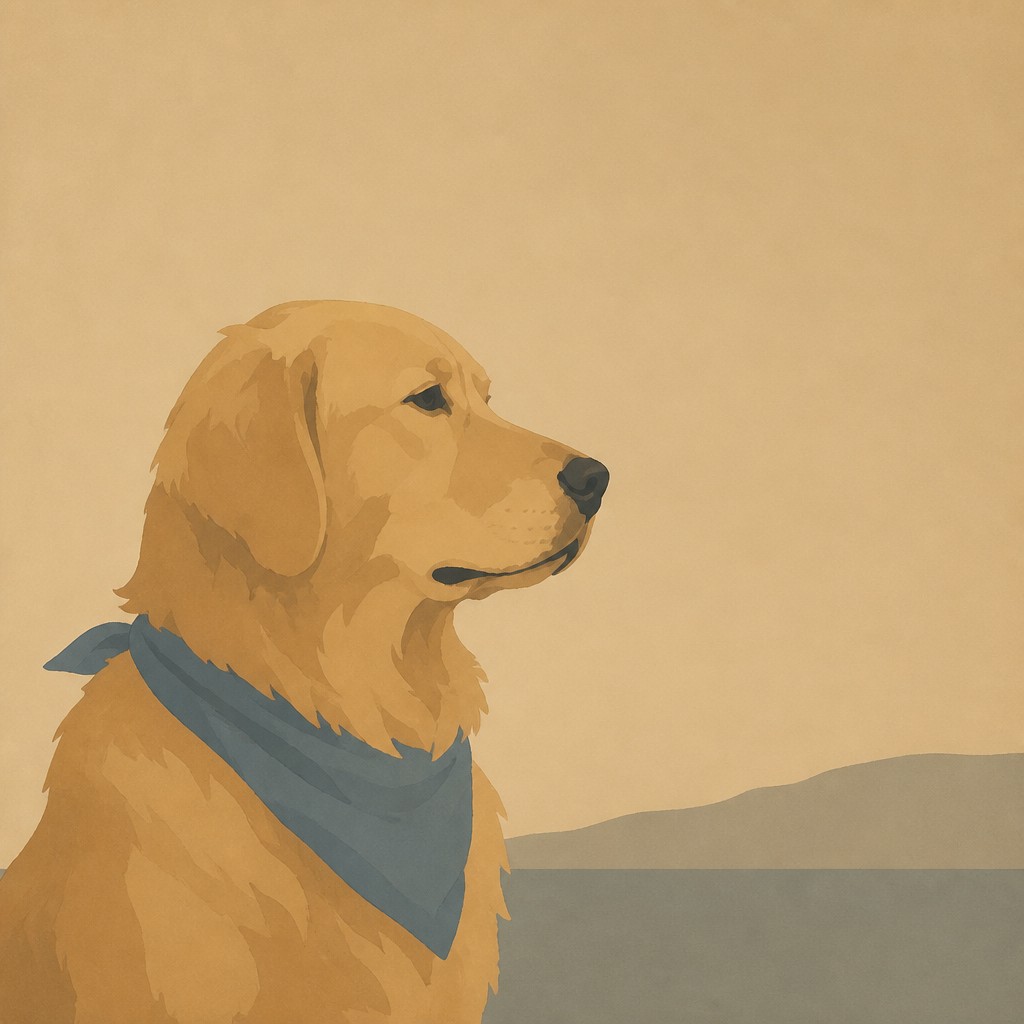portrait of a golden retriever wearing a blue bandana, warm plain backdrop, no text