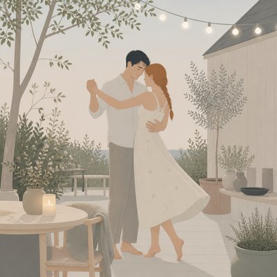 an original couple dancing under string lights in a garden at dusk: a man with short black hair in a linen shirt and a woman with braided red hair in a summer dress