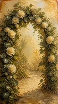 an arch of white roses and eucalyptus in soft morning light, elegant vertical composition with open space, no text