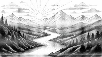 a vast valley with a river winding toward distant mountains at sunrise, no people, no text