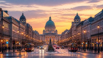 bustling city street panorama at dusk