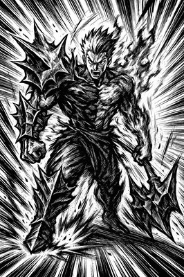 a black and white drawing of a demon