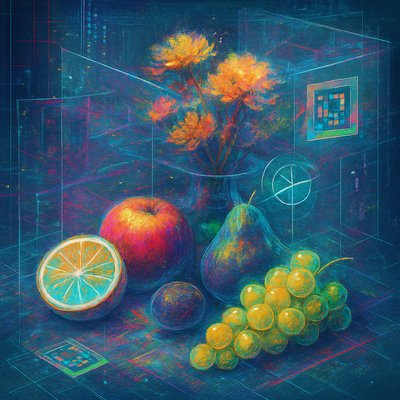 still life arrangement of fruits and flowers