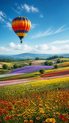a hot air balloon drifting over rolling flower fields on a sunny day, cheerful, no text