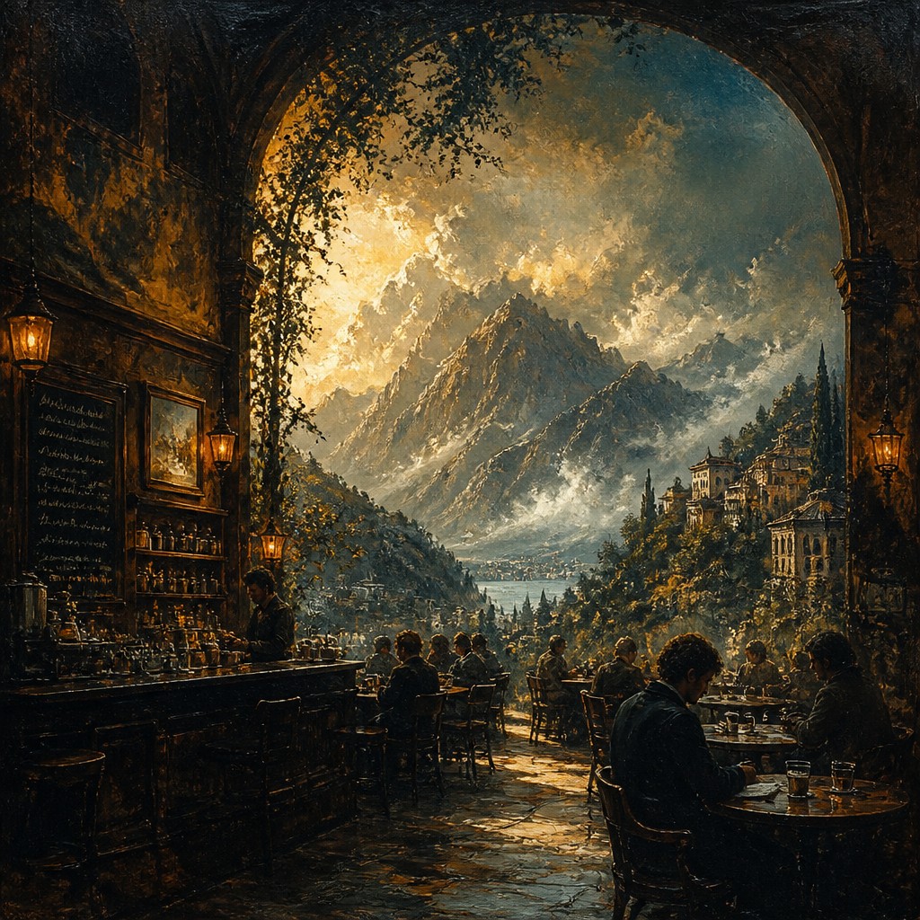 cozy cafe interior with warm lighting