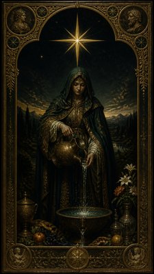 a robed figure pouring water beneath a large eight-pointed star in a night sky, symmetrical composition with an ornate decorative border, no text