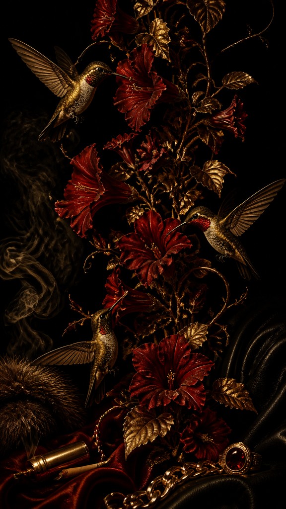 a climbing vine of flowers and hummingbirds on a dark background, tall wrapping composition, no text