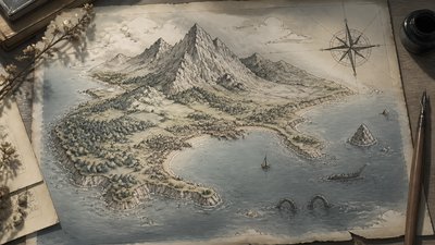 a map of an island realm with mountains, forests, a sheltered bay, sea monsters in the water and a compass rose, no text labels