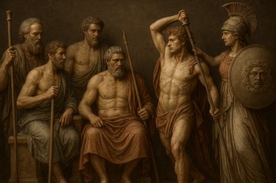 a painting of a group of men standing next to each other