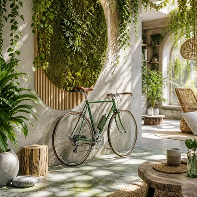 bicyle resting against a wall — Biophilic Interior Design