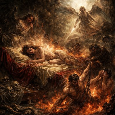 Express without words “Behold, I will cast her into a bed, and them that commit adultery with her into great tribulation, except they repent of their deeds.” (Revelation 2:22, KJV) adding as a setting the idea of travail.


