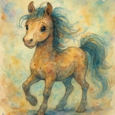 whimsical little horse, intricate details, watercolor-dream mood, gentle movement in the mane and tail, expressive eyes, cinematic depth and color
