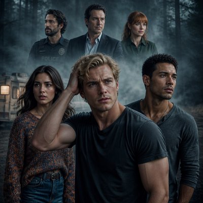 Ok tu me fait 7 personnages de roman , on va commencer avec un homme dans la trentaine tres beau il est blond, il passe sa main dans ses cheveux, on voit le biceps il est en T-shirt avec un jean à côté de lui, il se trouve un autre mec métisse hyper séduisant a sa gauche , lui aussi décontracté. Ensuite, je veux qu’à droite tu me dessines une femme dans la vingtaine, très magnifique aussi brune, habillé un peu en mode pull color jean elle a genre un collier etc. Tres yong adulte en hauteur derrière eux. Donc pas vraiment genre sur le sol, c’est plus une image de tous les persos comme un roman un policier dans les 30 ans, et alors là je veux que tu m’écoutes un autre homme à peu près la 40, les cheveux noirs un peu gris bouclé, sur les côtés, il a pas de lunettes il est en chemise, on dirait un peu un maire de la ville un daddy pas de barbe, pas de moustache. Il a l’air pas gros, mais pas maigre. Juste un air de Daddy. Et enfin un troisième personnage, une femme dans la trentaine quarantaine avec une frange qui a l’air d’être un peu secrétaire ou je sais pas quoi elle est rousse. Une ambiance assez froide avec un brouillard glaçant autour de une forêt, un caravane je sais pas une ambiance vraiment inquiétante et vraiment je veux une ambiance comme si on parlait d’un roman genre les trois personnes en haut, ils sont petits enfin ils sont représentés en plus petit que les trois les mais ils sont genre en haut, tu vois genre, on voit pas leurs gens et etc. comme une affiche en gros ils sont pas genre sur une montagne les trois premiers personnages, ils sont vraiment sur le sol quoi genre, on voit pas le sol, mais on voit qu’ils sont les uns derrière les autres la fille à gauche le mec noir à droite le blond devant il regarde tous faire un point fixe comme si il courait ou je sais pas le policier, je veux qu’il soit pas comme les autres, genre un policier avec une barbe, les cheveux noirs mais le mien, et le daddy je ne veux en aucun cas qu’il est les cheveux gris, j’ai bien dit les cheveux noirs assez milong bouclé pour te donner un autre idée, je veux qu’il ressemblepour te donner un autre idée, je veux qu’il ressemble à tom loftis de widow’s bay