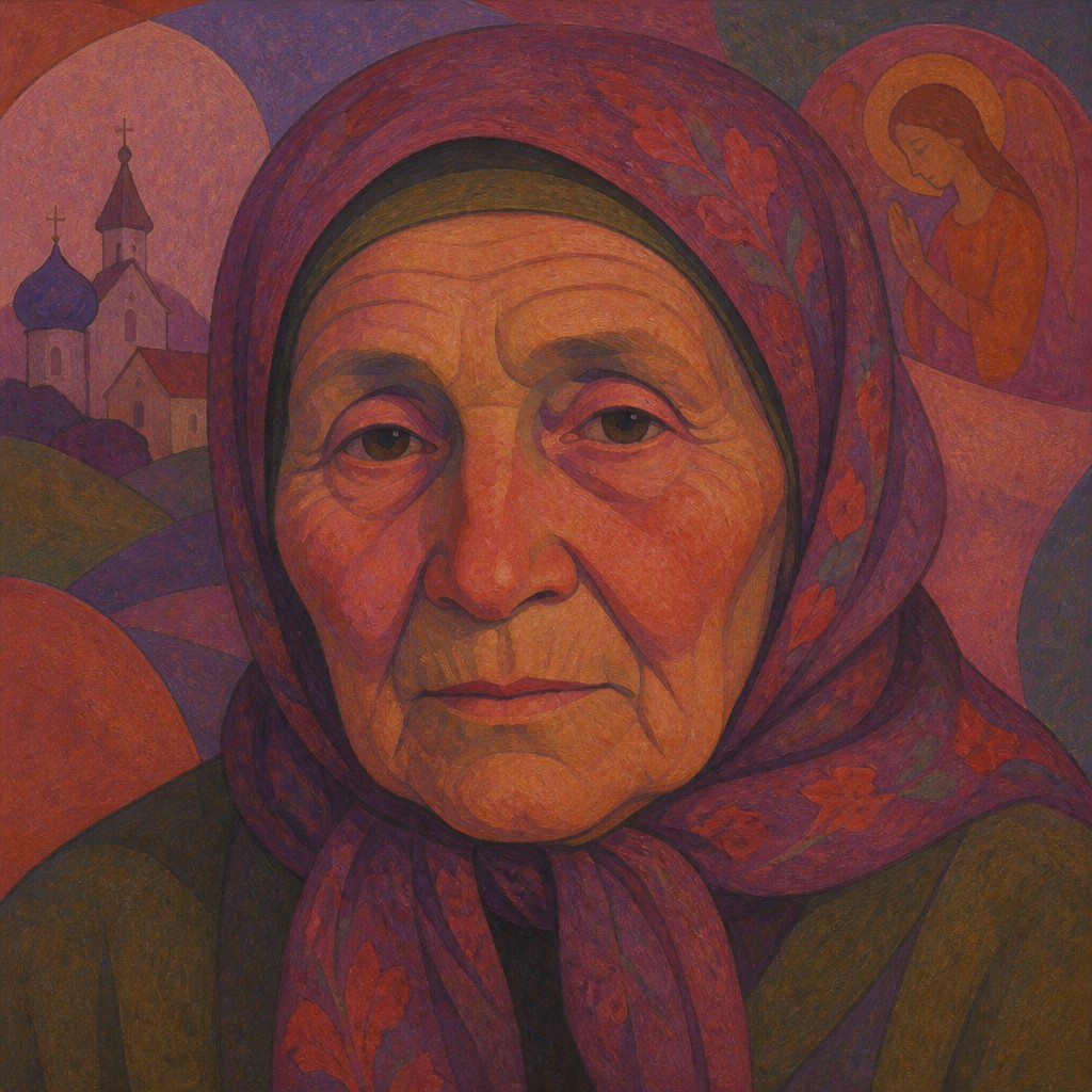 close-up portrait of an elderly person with expressive weathered features — Synthetism Art Style