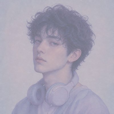 head-and-shoulders portrait of an original character: a young man with curly dark hair and headphones around his neck, plain backdrop, no text