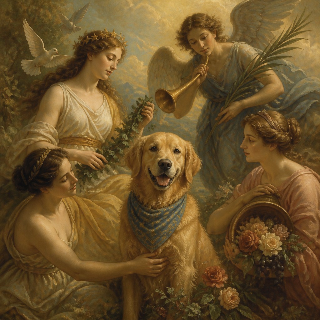 portrait of a golden retriever wearing a blue bandana, warm plain backdrop, no text