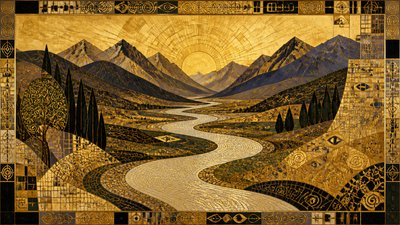 a vast valley with a river winding toward distant mountains at sunrise, no people, no text