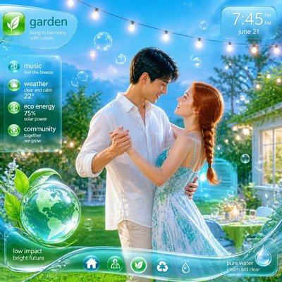 an original couple dancing under string lights in a garden at dusk: a man with short black hair in a linen shirt and a woman with braided red hair in a summer dress