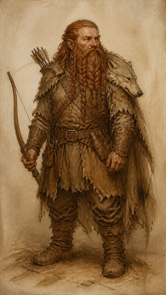 full-body original character: a dwarven ranger with a braided auburn beard, worn leather armor, a longbow and a wolf-pelt cloak, neutral background, no text
