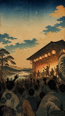 a live music scene with a glowing stage and silhouetted crowd, energetic vertical composition with open space at the top, no text