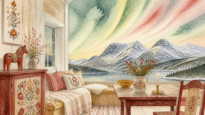 a flowing aurora over snowy peaks, wide sweeping composition, no people, no text
