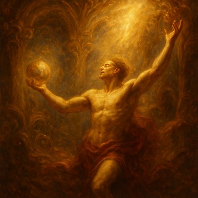 a painting of a man holding a crystal ball