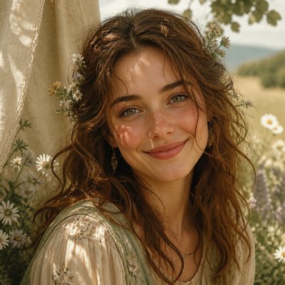 head-and-shoulders portrait of an original character: a young woman with wavy chestnut hair and a warm smile, plain soft backdrop