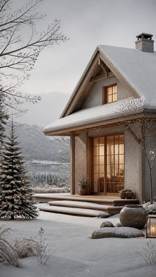 a snow-covered cottage with warm glowing windows beside a decorated pine tree, gentle snowfall, no text