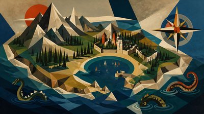 a map of an island realm with mountains, forests, a sheltered bay, sea monsters in the water and a compass rose, no text labels