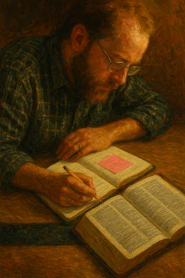 a man sitting at a table with an open book