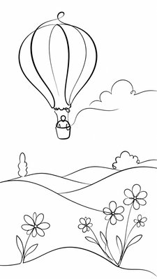 a hot air balloon drifting over rolling flower fields on a sunny day, cheerful, no text