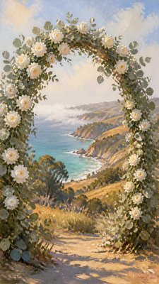 an arch of white roses and eucalyptus in soft morning light, elegant vertical composition with open space, no text