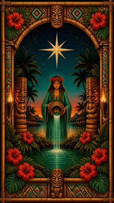 a robed figure pouring water beneath a large eight-pointed star in a night sky, symmetrical composition with an ornate decorative border, no text