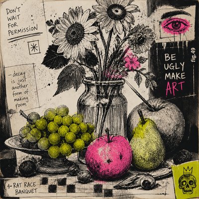 still life arrangement of fruits and flowers