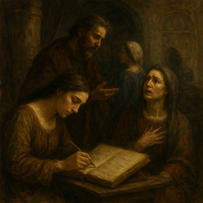 a painting of a woman reading a book to a man