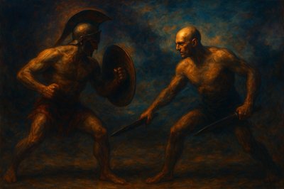 a painting of two men fighting each other