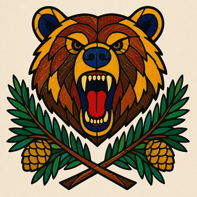 a roaring bear head above crossed pine branches, bold graphic composition on a plain background, no text