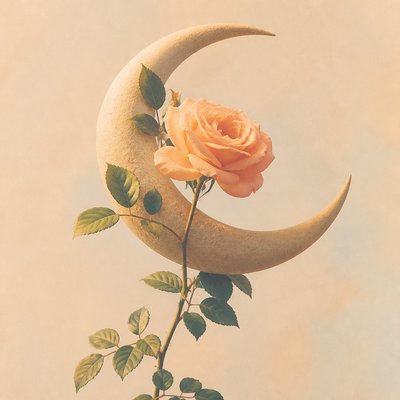 a rose entwined with a crescent moon, clean balanced composition on a plain background, no text