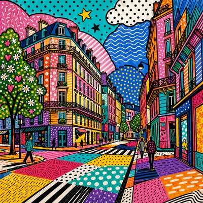 a painting of a person walking down a street