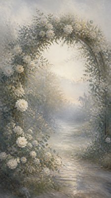 an arch of white roses and eucalyptus in soft morning light, elegant vertical composition with open space, no text